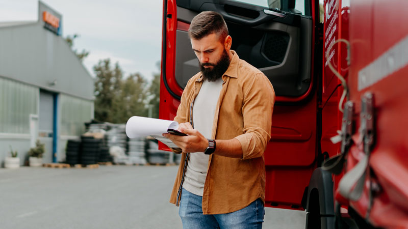 A man in jacket and jeans standing beside a red semi-truck reviewing financing documents.