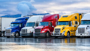 Fleet of semi trucks lined up with mountains in the background